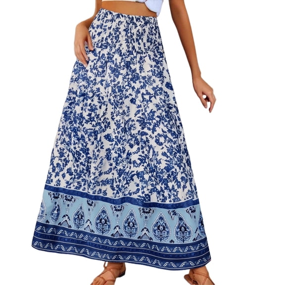 XIAONU Floral Print Tiered Maxi Skirt For Women High Waist Flowy Casual Beach Long Skirt