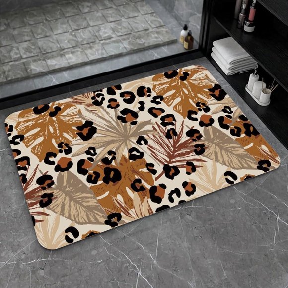 Tapis de Bain Terre, Feuilles Tropicales Abstraites, Imprimé Léopard Antidérapant Volume Super Absorbant Séchage Rapide pour Salle de Bain Cuisine Paillasson, Écologique Facile à Nettoyer 17x27.5 Pouces (43*70cm)