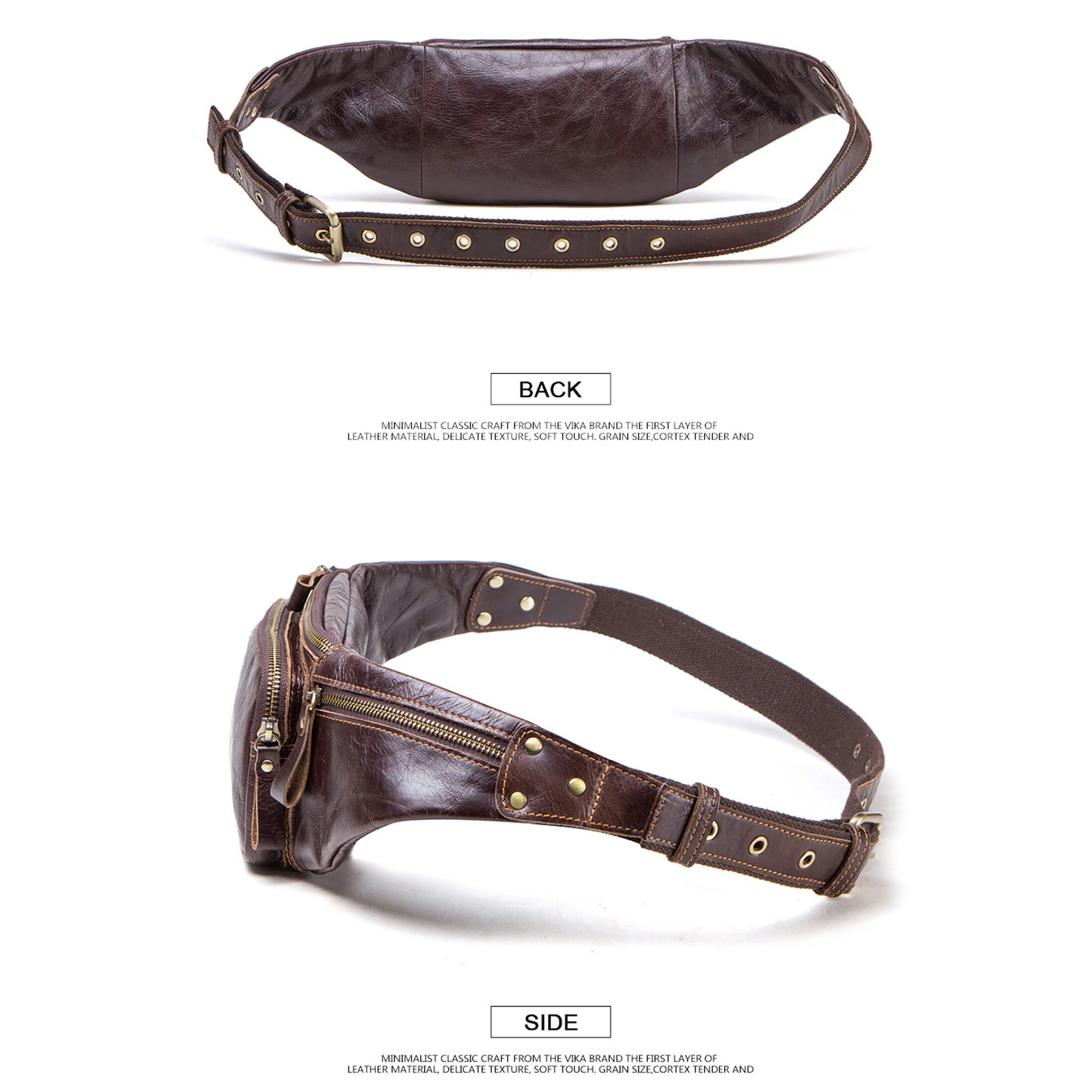 Contact's Genuine Leather Slim Waist Pack for Man & Woman, Vintage Design & 4 Zipper Pockets & Adjustable Strap, Handmade, Large Capacity Fanny Pack Crossbody Belt Bag for Travel or Ride, Coffee