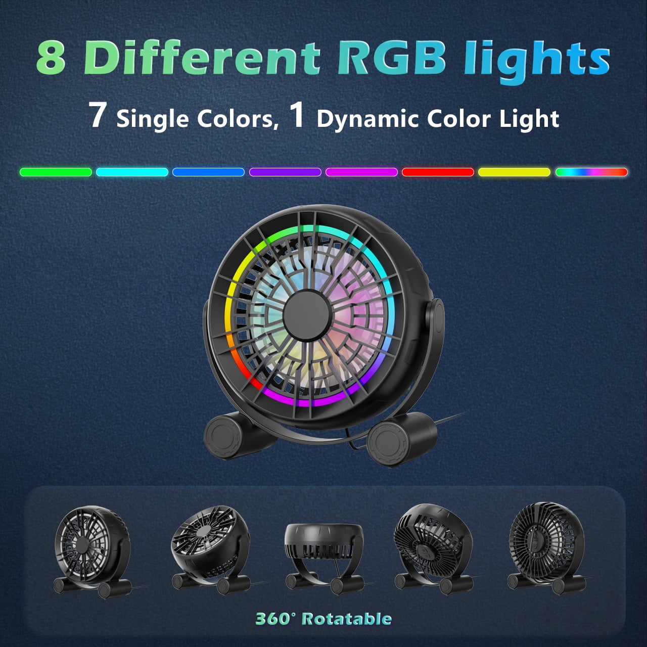 VOCOO USB RGB Desk Fan with 4.9ft Cable, Portable Cooling Personal Quiet Fan, 3 Strong Speeds, 8-Color LED Lights, 360° Rotate Adjustable, for Home Office Desktop Bedroom