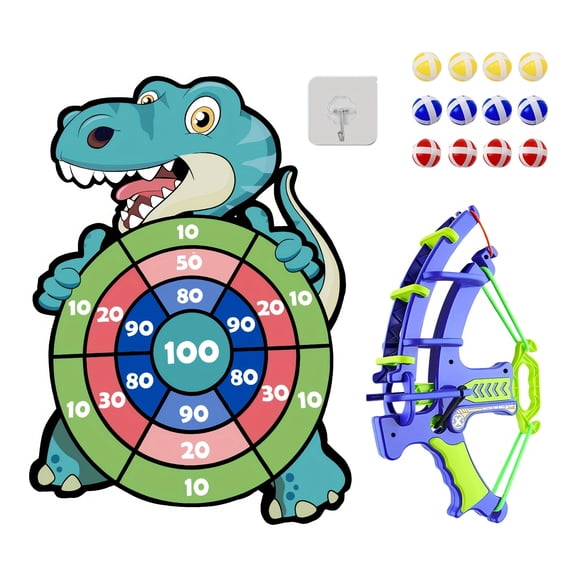 Kids Dinosaur Dart Board Shooting Toy Set, Sticky Ball Bow and Arrow Game with 12 Sticky Balls, Indoor Outdoor Parent-child Interactive Target Game, Birthday Gift for Boys Girls Ages 3-10