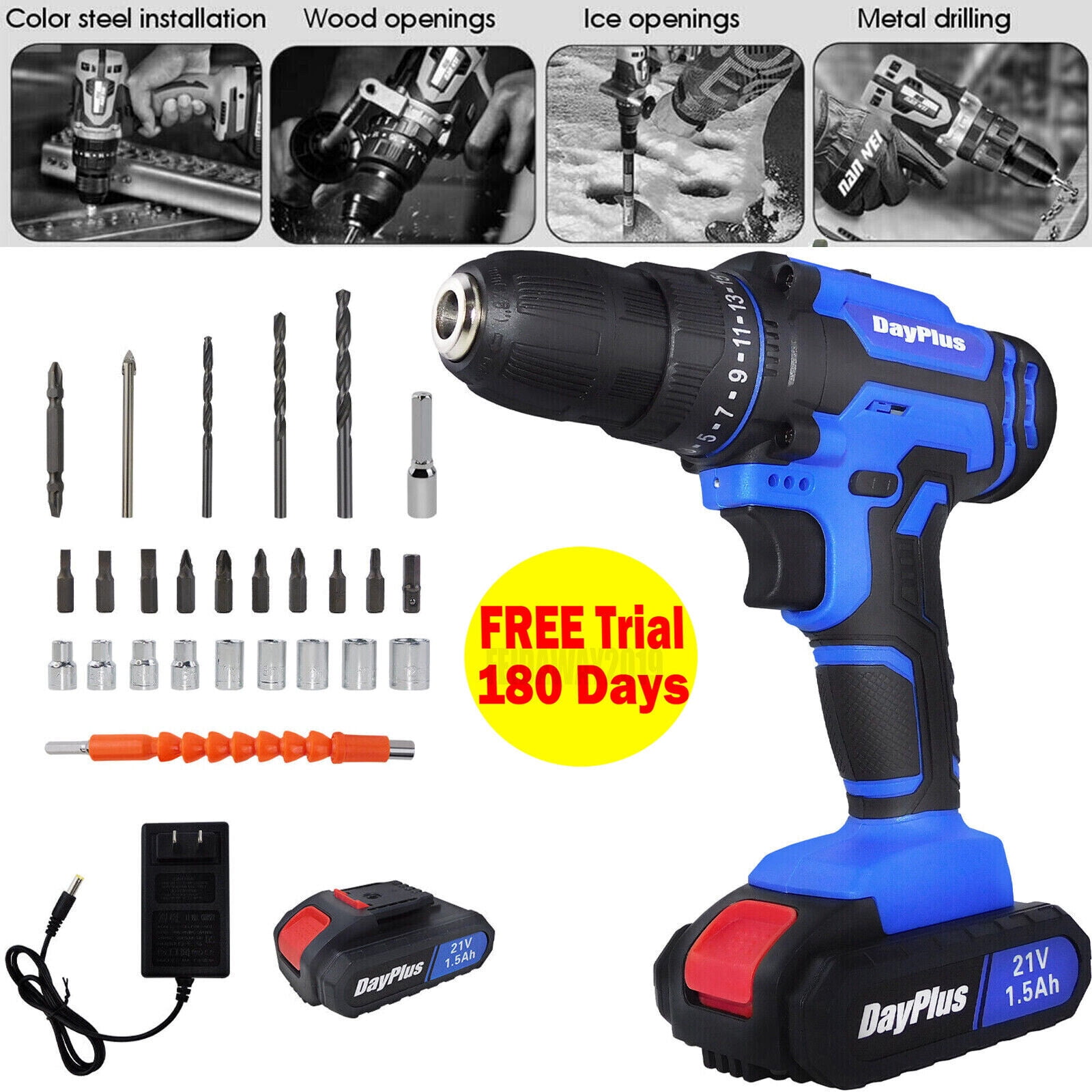 Dayplus 21V Electric Drill 3/8" Power Cordless Screwdriver Driver LED
