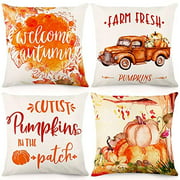 CDWERD Fall Pillow Covers 18x18 Inch Set of 4 Thanksgiving Throw Pillowcase Farmhouse Decorative Autumn Pumpkin Clipart Truck Linen Cushion for Home Decor