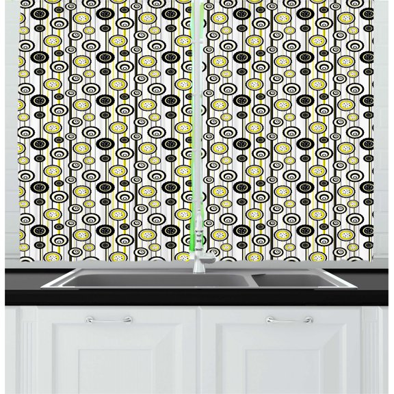 Ambesonne Abstract Kitchen Curtains, Modern Flowers on Stripes, 55"x45", Charcoal Grey and Yellow
