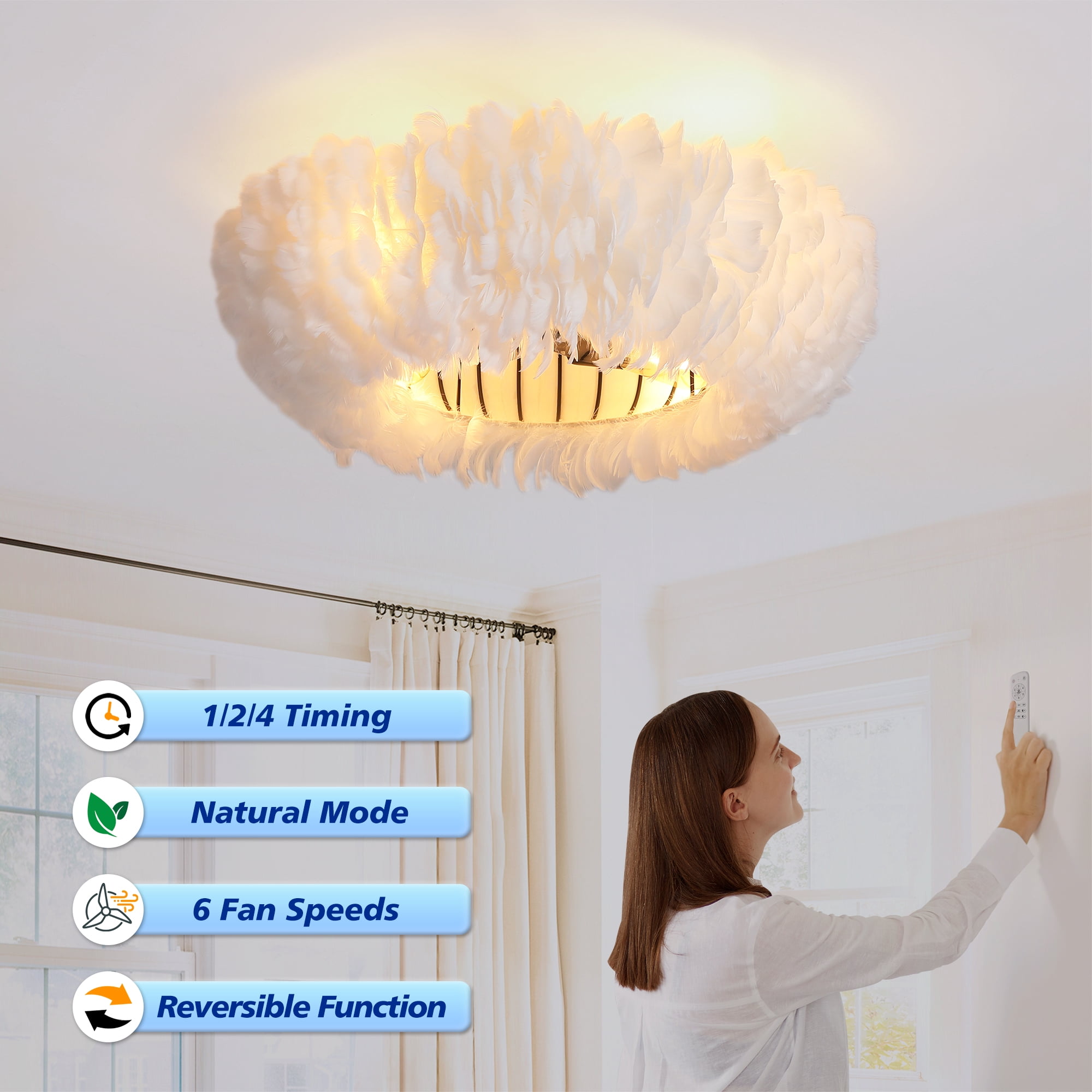 Leumius 20" Feather-Dressed Caged Ceiling Fans with Light and Remote Control, Chandelier Fan 6 Speed DC Motor Reversible Ceiling Fan for Living Room Bedroom (NOT Included Bulbs)