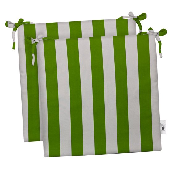 RSH Décor Indoor Outdoor Set of 2 Foam Dining Chair Seat Cushions, 20" x 18" x 3", Kiwi Green & White Stripe