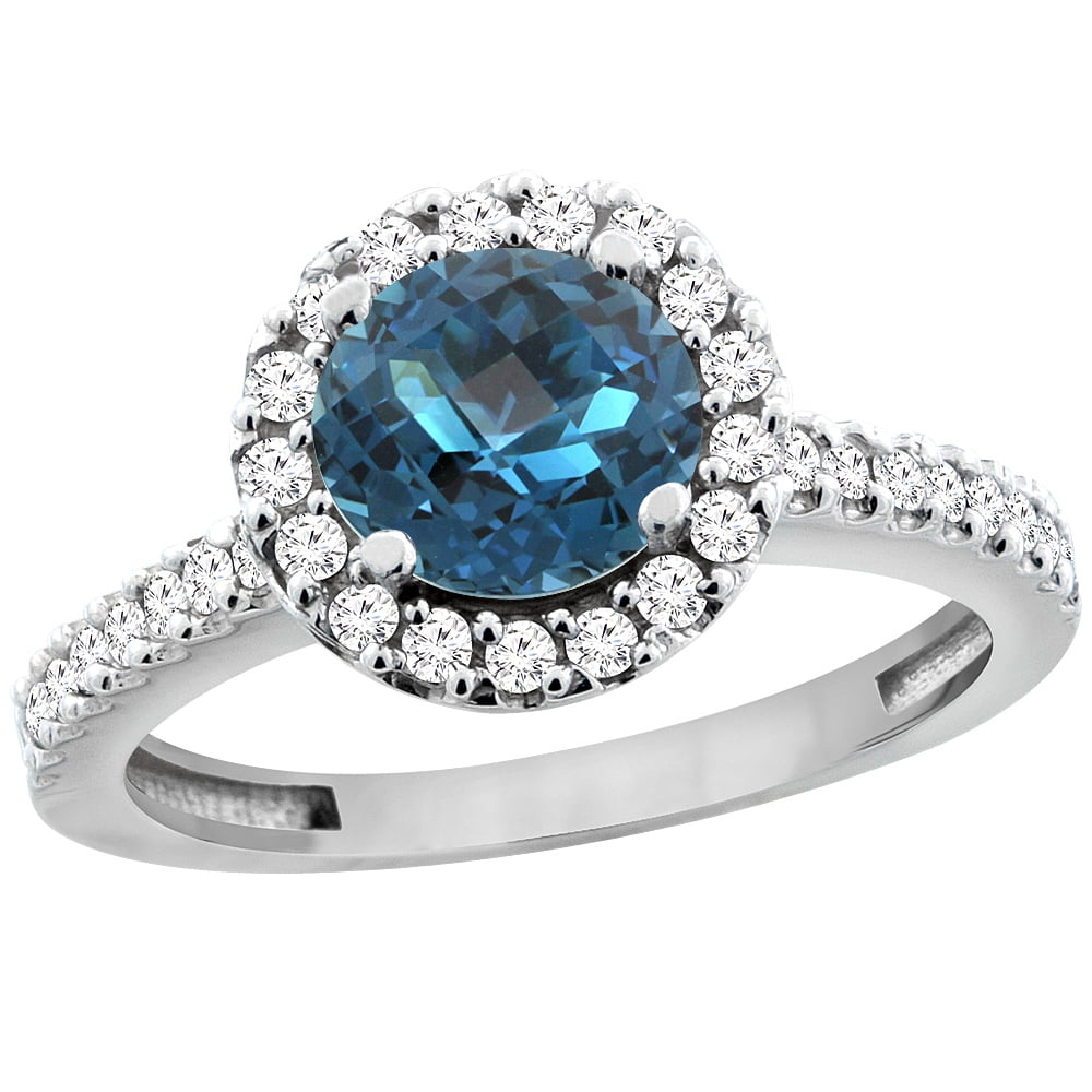 14K White Gold Natural London Blue Topaz Ring Round 6mm Floating Halo Diamond, size 6 by Gabriella Gold