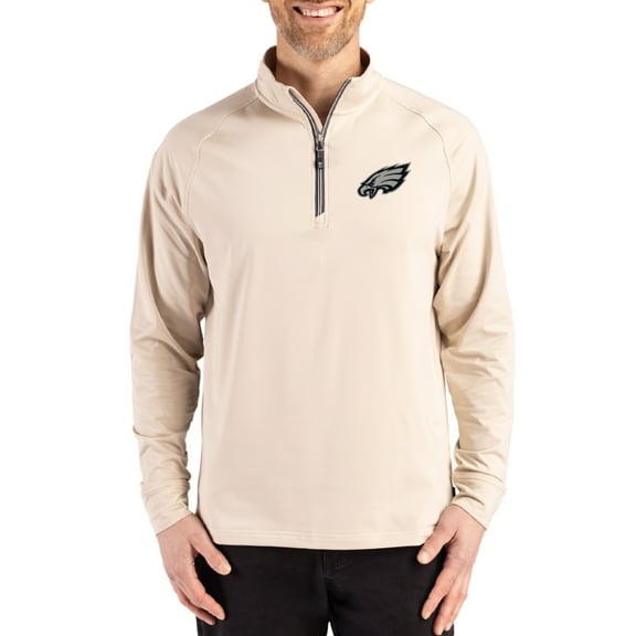 Men's Cutter & Buck Tan Philadelphia Eagles Adapt Eco Knit Stretch Recycled Quarter-Zip Pullover