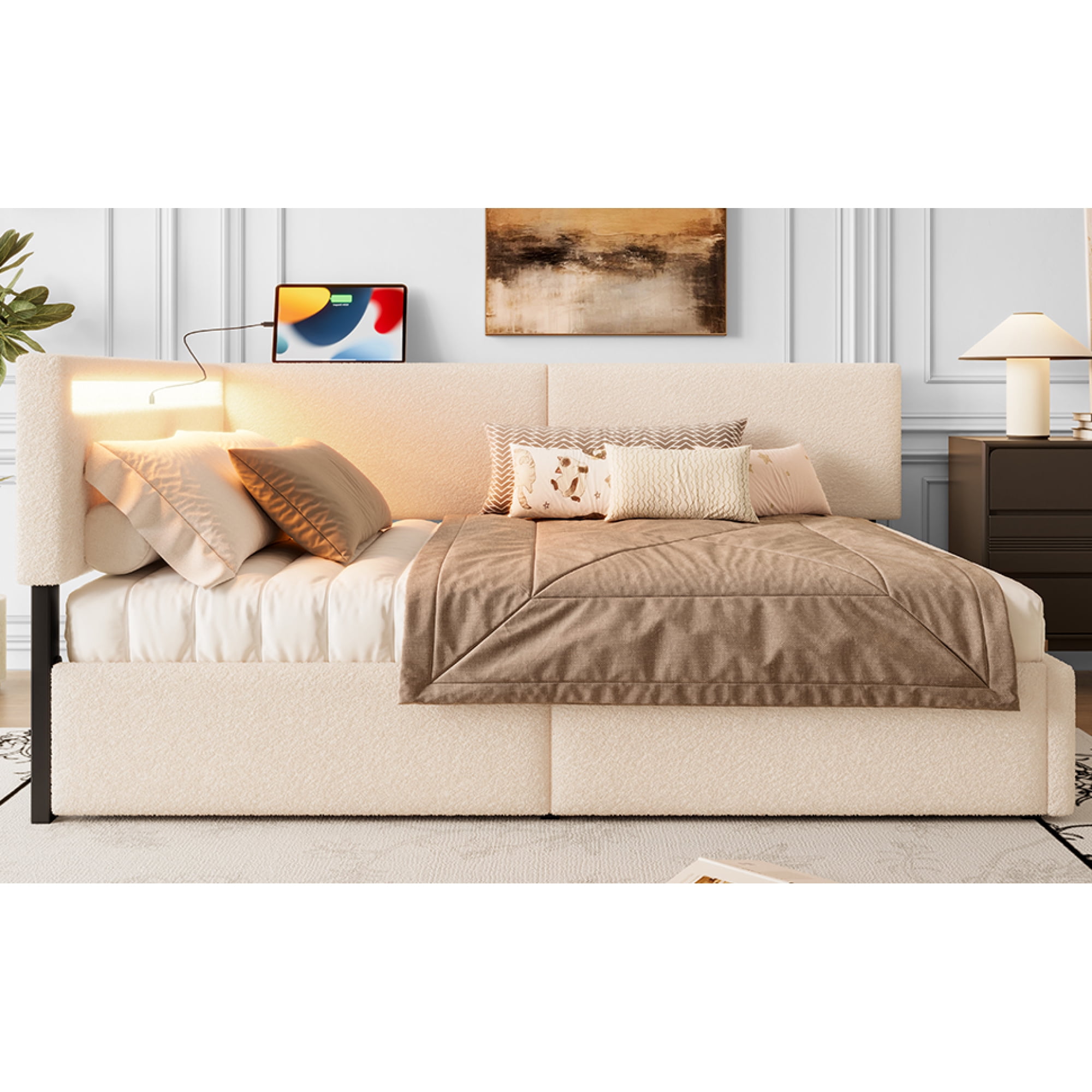 Leumius Twin Size Boucle Bed Frame, Upholstered Cloud Bed Frame with Headboard, 2 Storage Drawers, LED light and USB Charging Design, Solid Wood Legs and Slats for Bedroom Guest Room Beige