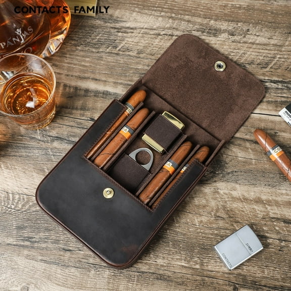 Vintage Leather Cigar Case with 4 Slots – Handmade Crazy Horse Cowhide Travel Humidor with Magnetic Fisheye Buckle & Accessory Compartments