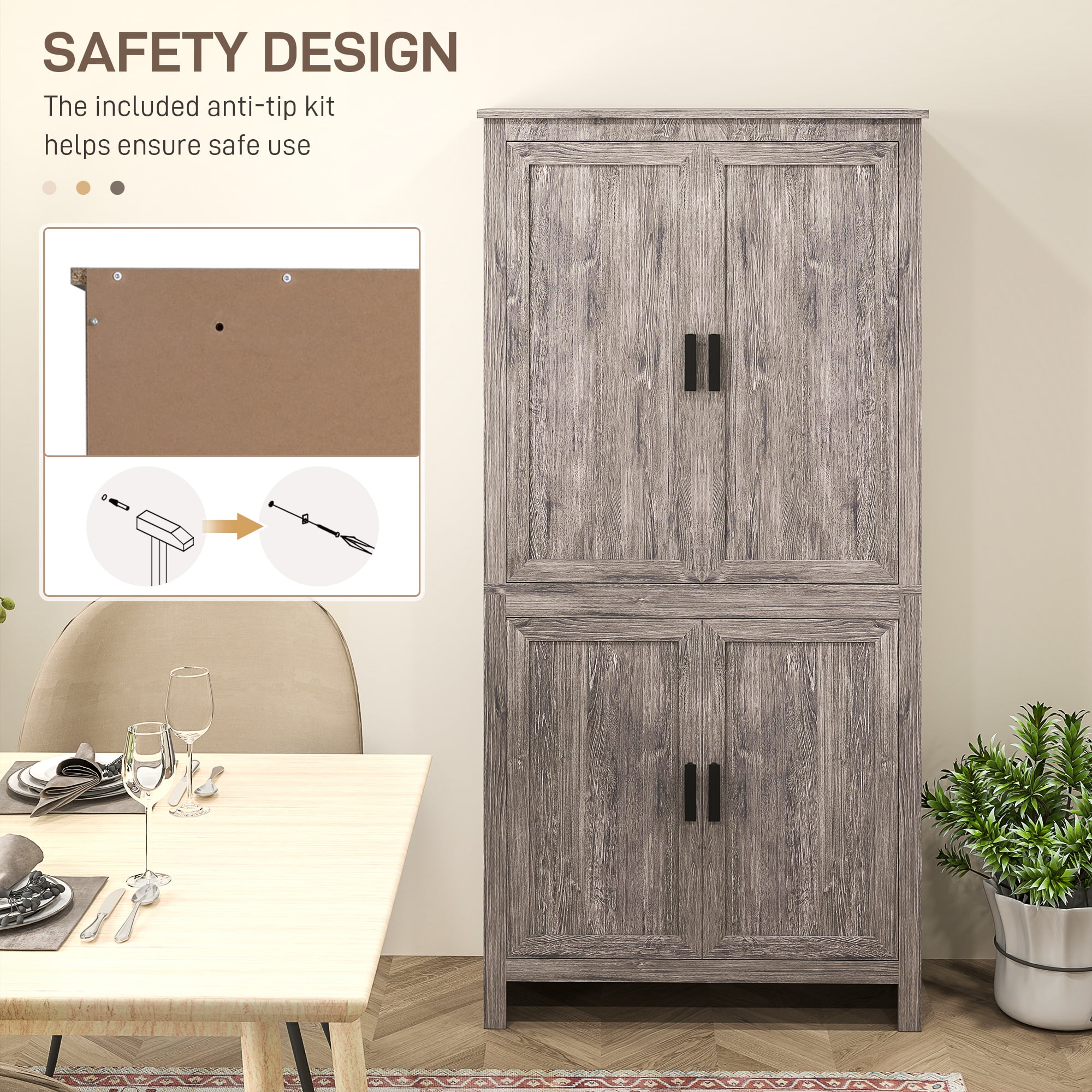 HOMCOM 64" 4-Door Kitchen Pantry, Freestanding Storage Cabinet with 3 Adjustable Shelves for Kitchen, Dining or Living Room, Gray Oak