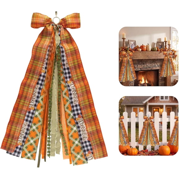 Hsomely Large Fall Wreath Bow, Orange Plaid Assorted Maple Leaf Design, Autumn Wreath Sash for Front Door Thanksgiving Indoor Outdoor Home Decor