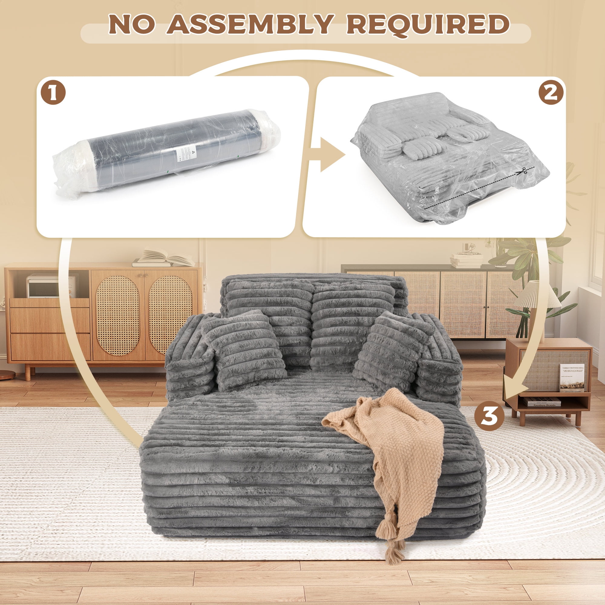 Muumblus Oversized Chaise Lounge Chair Indoor Furniture, No Assembly Required, Plush Corduroy Upholstered Sofa Bed Cozy Sleeper Couch for Living Room, Bedroom, Grey