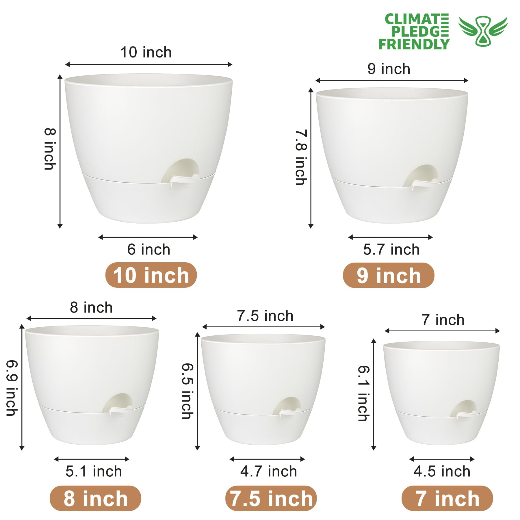 Self Watering Plant Pots Set of 5 with Drainage Holes and Saucers, Plastic Flower Planters for Indoor and Outdoor Gardening, Various Sizes