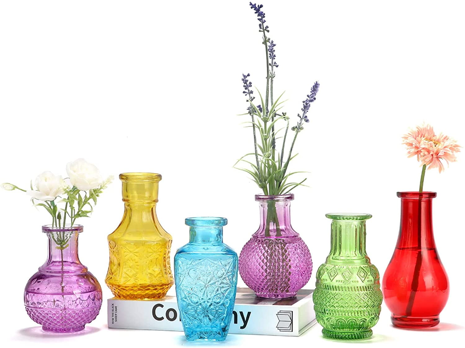 BIGIVACA Glass Single Bud Glass Vases in Bulk,Set of 6 Colorful Vintage
