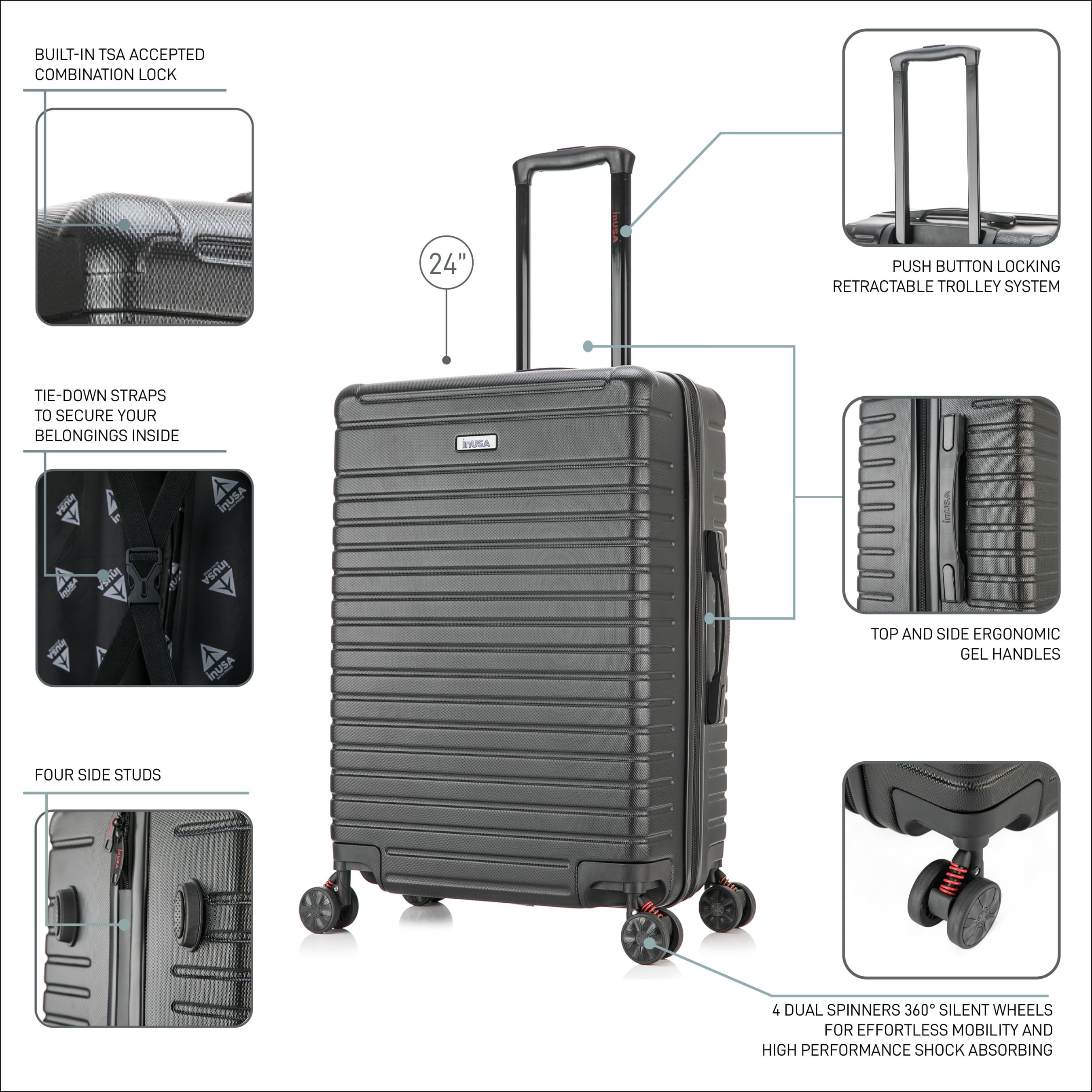 InUSA Deep 24" Hardside Lightweight Luggage with Spinner Wheels, Handle Studs, Trolley, Black