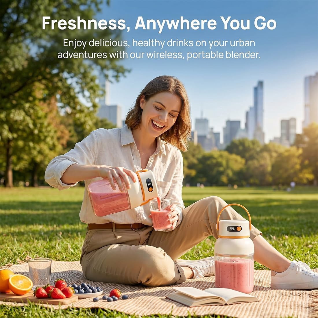 Portable Electric Juicer Cup with Zero Cord Hassle, Digital Display Portable Juicer Blender with 36 Stainless Steel Blades, USB-C Rechargeable Fruit Blender Cup for Travel, Gym, Office(1000ML)