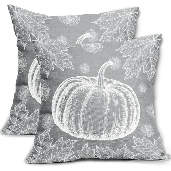 Fall Pillow Covers 18x18 Set of 2 Autumn Grey White Pumpkin Maple Leaf Print Decorative Throw Pillows Outdoor Thanksgiving Harvest PillowCase Farmhouse Linen Cushion Case Decor for Sofa Couch Bed