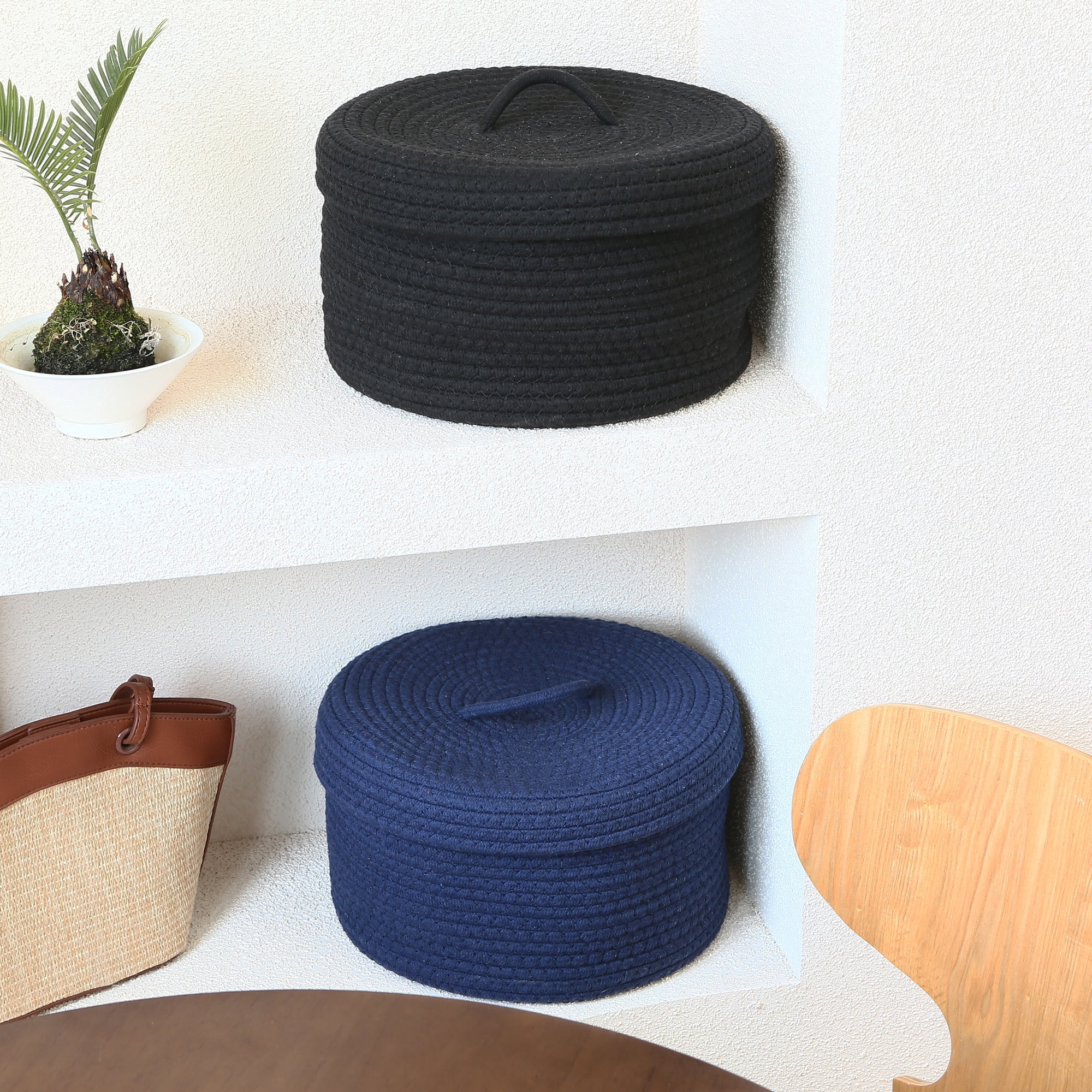 Sea Team Round Cotton Rope Storage Basket with Lid, Lidded Woven Storage Bin, Nursery Storage Container, Diaper Caddy, Baby Shower Basket, Box, Organizer, 11.8 x 11.8 x 6.7 Inches, Black