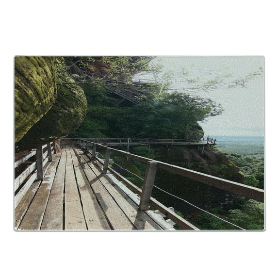 Thailand Cutting Board, Phu Thok Photo Wooden Ladder and Piers on Rock Mountains into the Wild Nature, Decorative Tempered Glass Cutting and Serving Board, in 3 Sizes, by Ambesonne