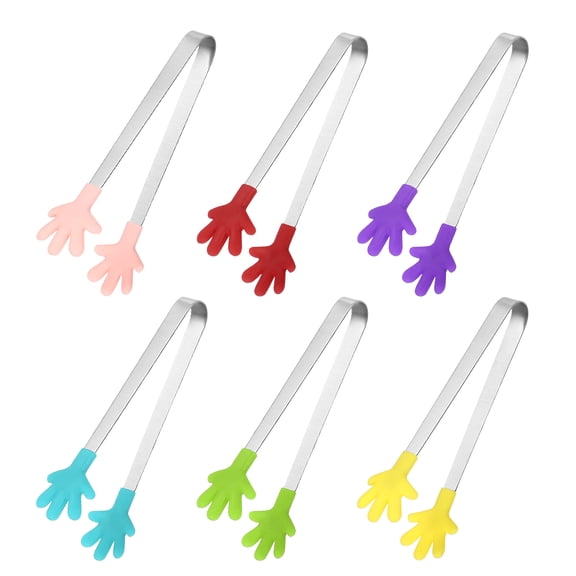 Uxcell 6PCS Silicone Mini Tongs, 12.5cm/5" Hand Shape Small Tongs for Food, Stainless Steel Handle with Non-Slip for Kitchen Sweets Ice Cubes Salad, Pink/Red/Purple/Blue/Green/Yellow