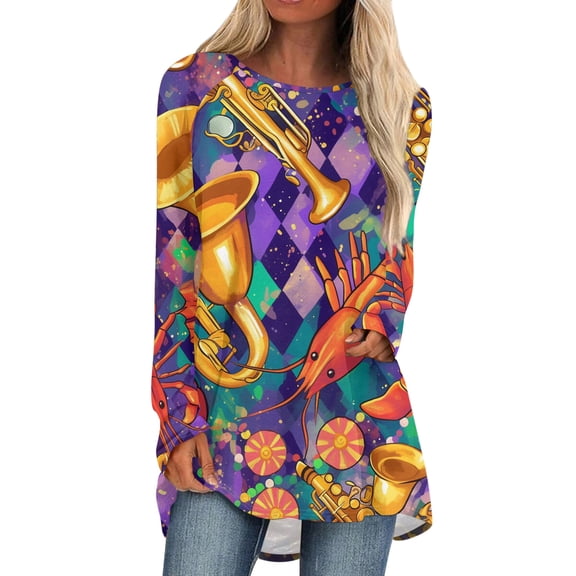 Mardi Gras Shirts Womens Sparkly Mask Print Crew Neck Tops Sequins Long Sleeve Party T Shirts Orange L