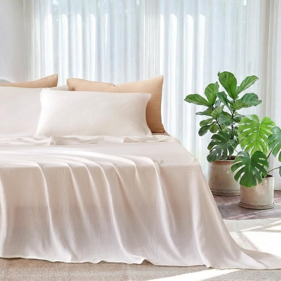 Sheets Queen Size Bed Set 100% Cotton Bed Sheets Gauze 4 Pcs White Muslin Sheet Set 16" Deep Pocket Sheet & Pillowcase Sets Boho Breathable Soft Queen All Season Bedding Sets