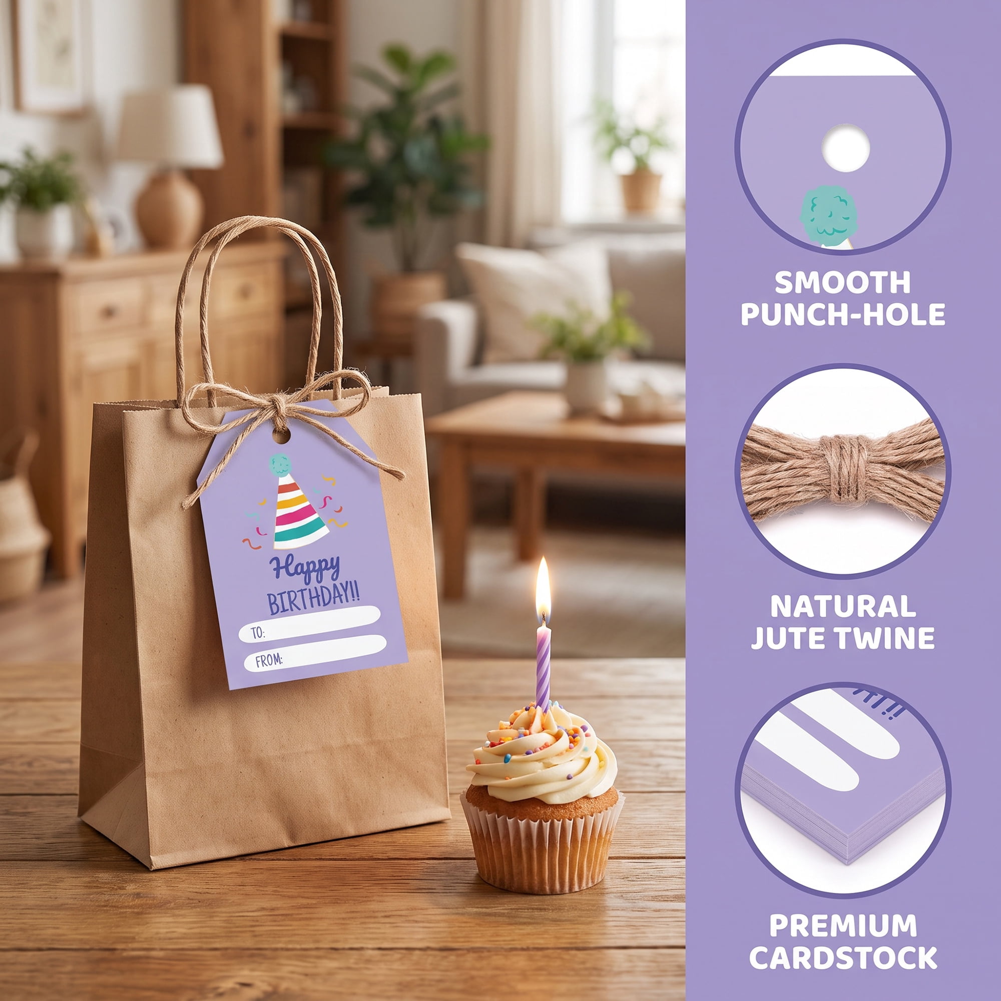 Unique Bargains 100Pcs Elegant Birthday Gift Tags with Twine Hat Pattern 2" x 3.1"