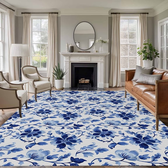 Area Rug for Living Room, Blue Flower Non-Slip Indoor Large Carpet for Bedroom/Dining Room, Country Watercolor Floral Vintage Plant Washable Low-Profile Rectangle Floor Runner Rugs - 6 x 9 Ft
