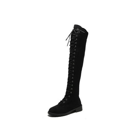 

Knee Ladies Side Zipper Soft Low Heel Flock Thigh High Bottes Microfiber Solid Color Flat Shoes Accessory Winter