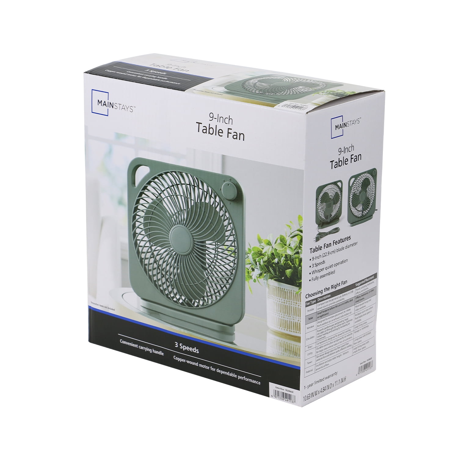 (2 pack) Mainstays New Style 9 inch Box Indoor Comfort Personal AC Electric Fan, 3 Speeds, Green River