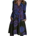 thumbnail image 1 of Pompotops Mode Femmes Été Rétro Casual Manches Longues V-Cou Imprimé Robe, 1 of 1