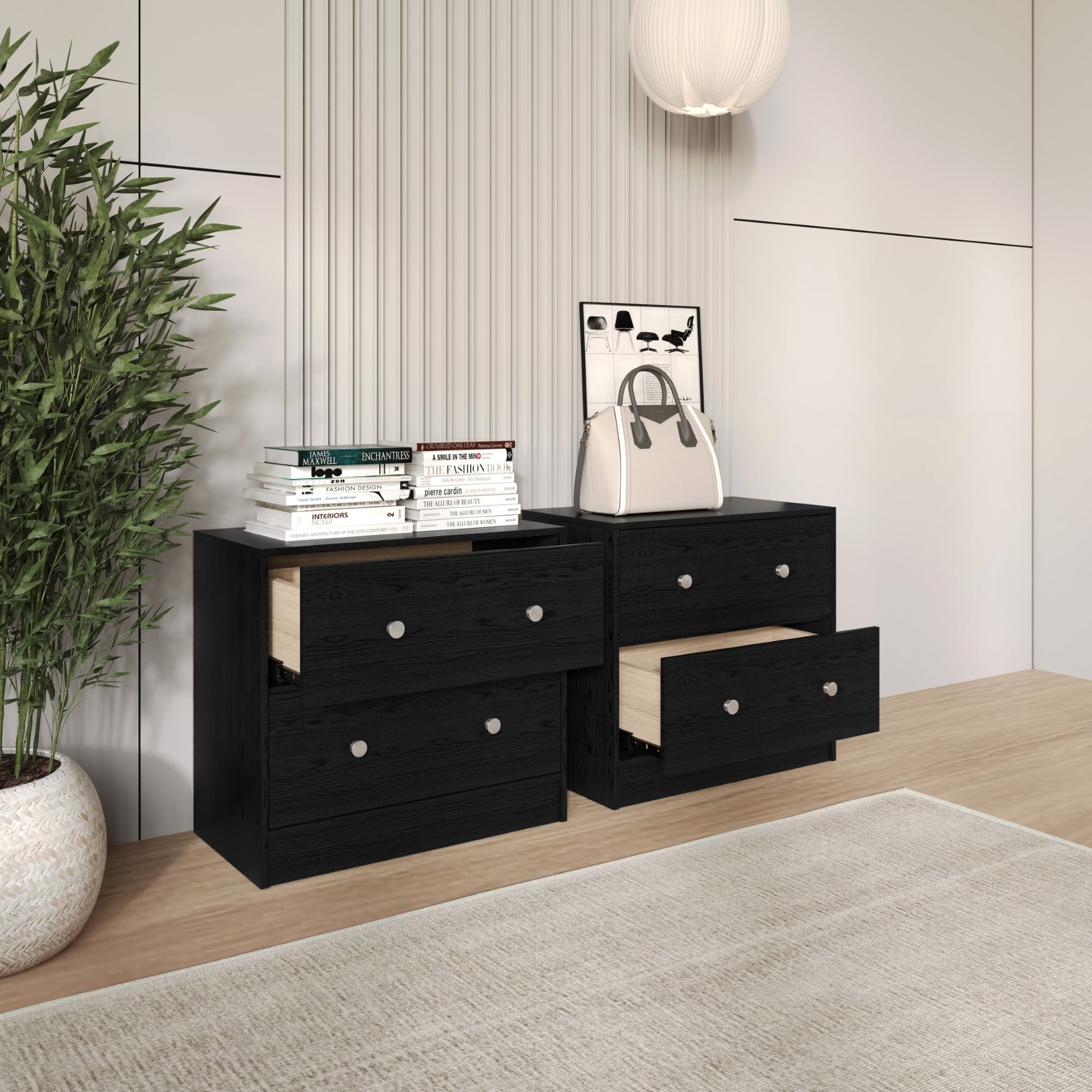 Home Design Trenton 2-Drawer Nightstand, Set of 2, Modern Side Tables for Bedroom, Black