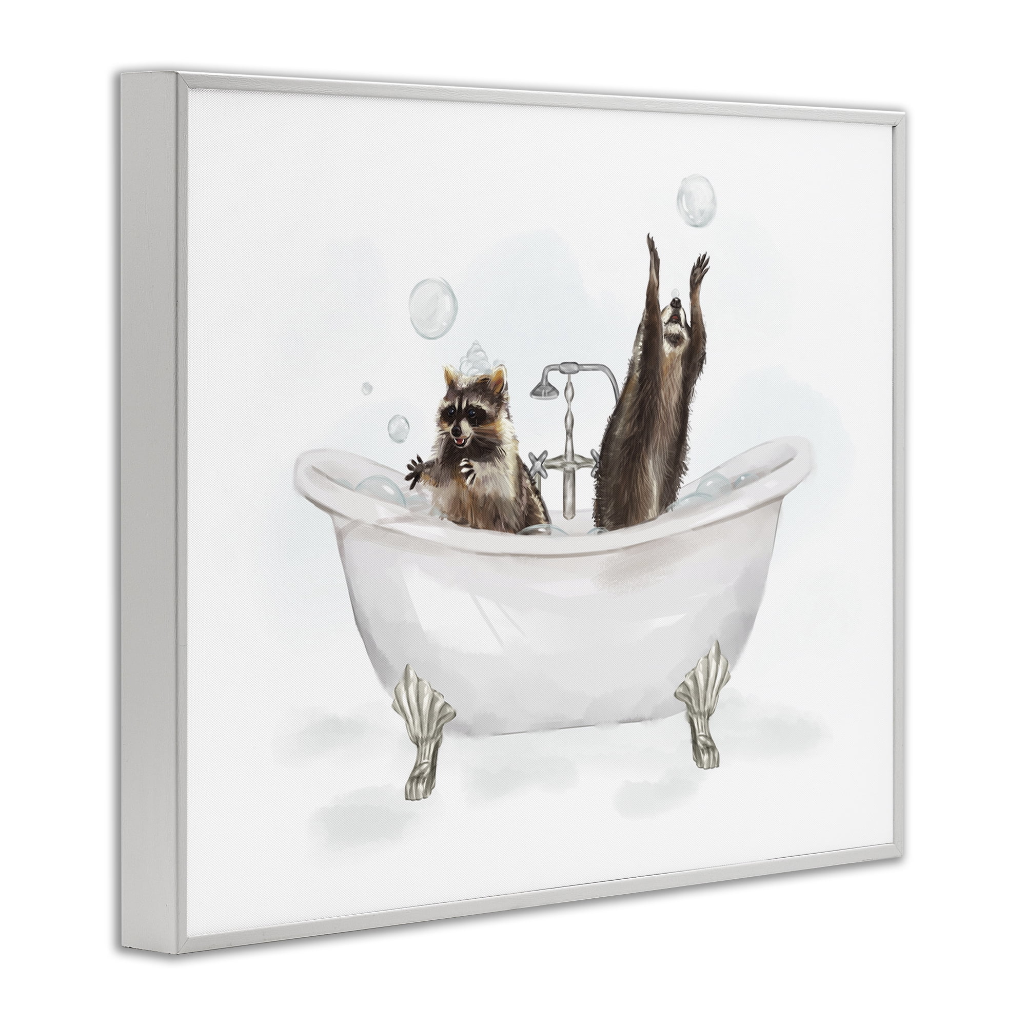 Stupell Industries Raccoons Catching Bubbles Typography Painting White Framed Art Print Wall Art, 14 x 11