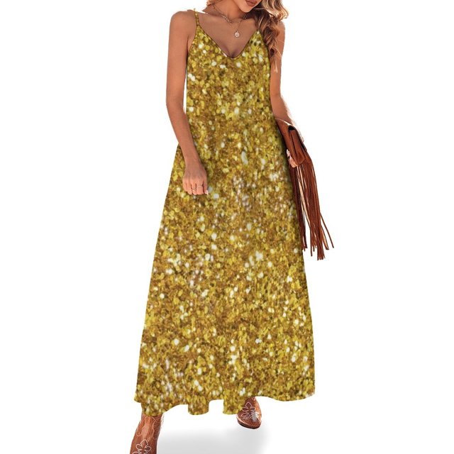 Vestido sin mangas con estampado de lentejuelas brillantes y doradas, atuendos de playa para mujeres, vestido sensual y sexy para mujeres