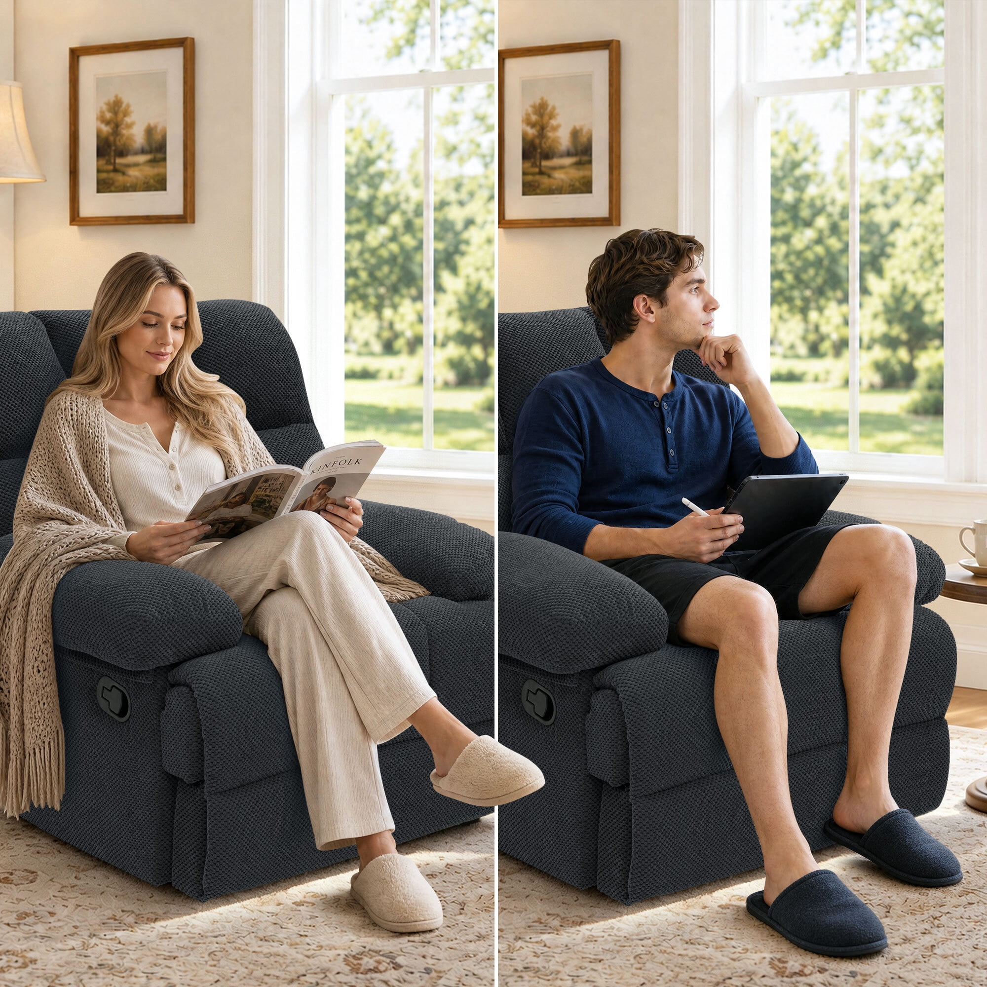 Lunale Manual Rocker Recliner for Home/Office, Adults Fabric Reclining Lounge Chair with Footrest, Gray Polyester