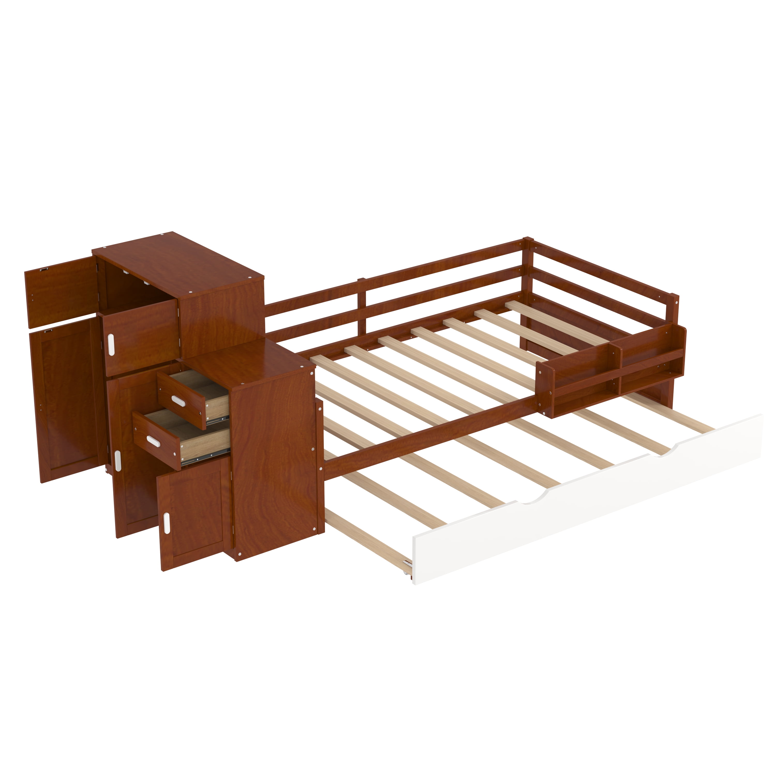 Euroco Wood Twin Size Daybed with Trundle, Storage Bed with Bookcase and Wardrobe, Walnut