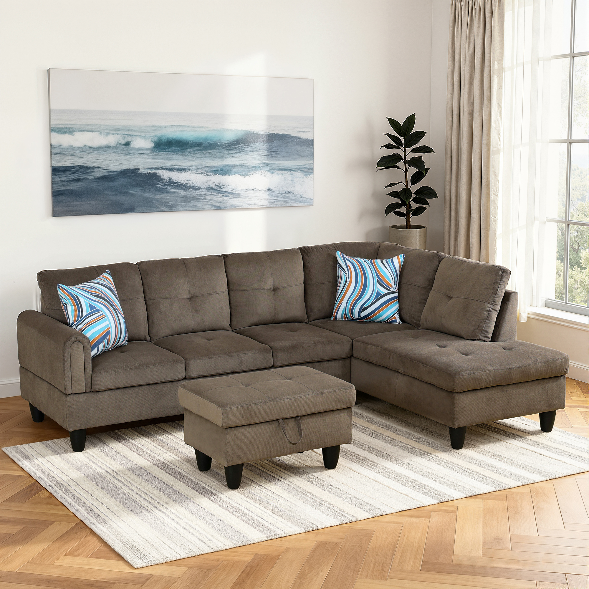 MAYEERTY Modern Adult 3-Piece Couch Living Room Sofa Set，Brown