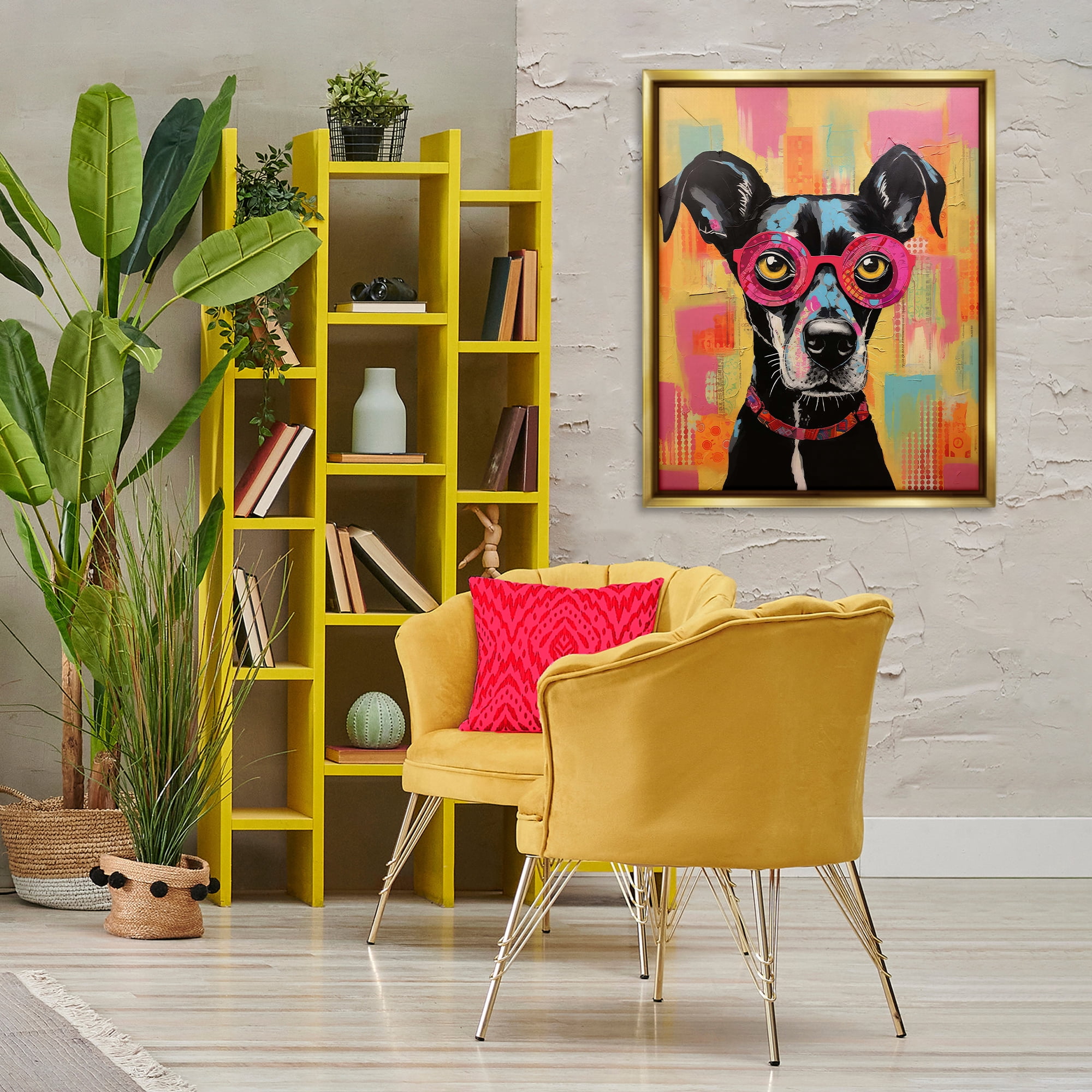 Stupell Industries Dog with Fun Glasses Animals Painting Gold Floater Framed Canvas Art Print Wall Art, 25 x 31