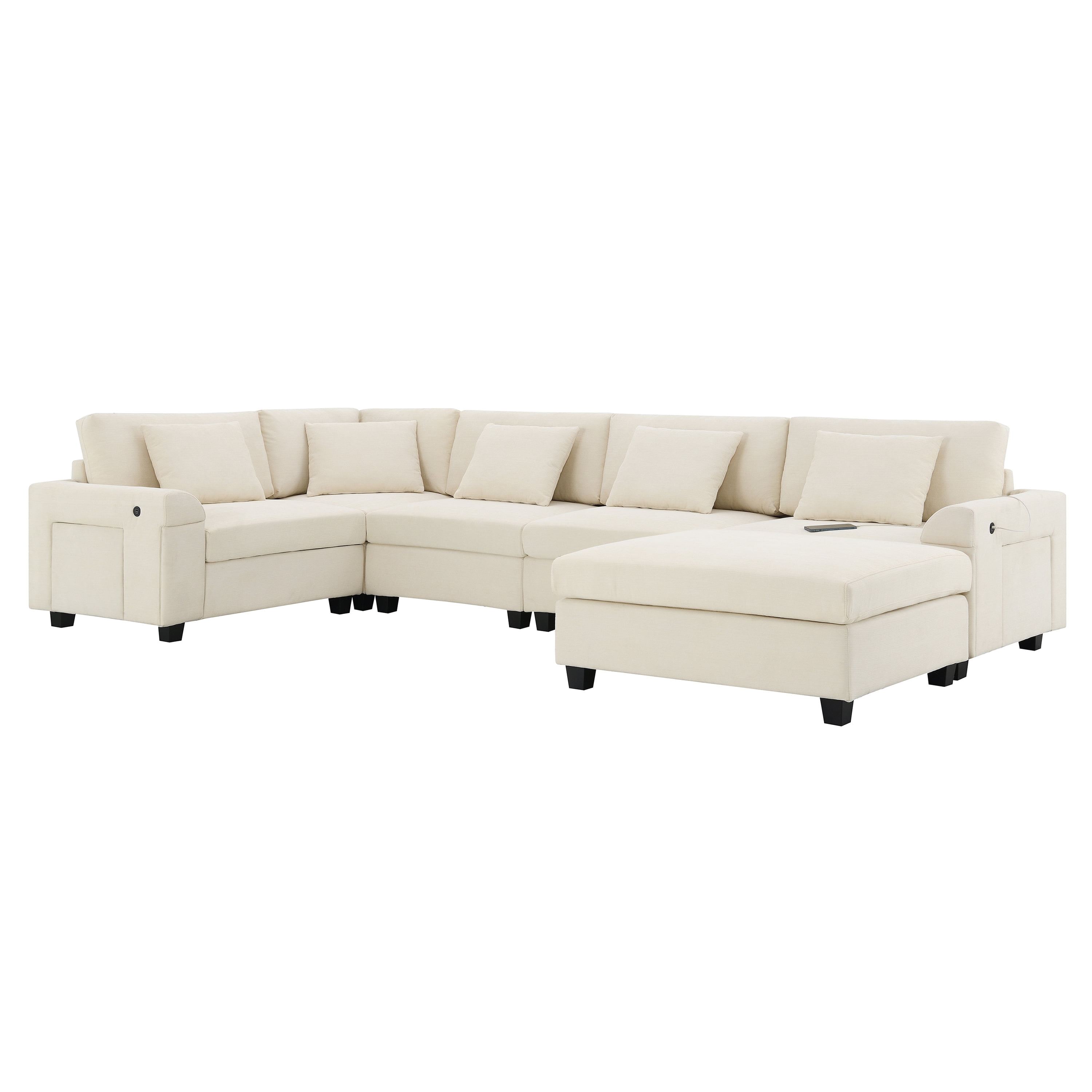 Sectional Sofa, U-Shape Sofa, Chenille Couch, 6-Seater Couch with Oversized Ottoman and Armrest Storage for Living Room, Off White