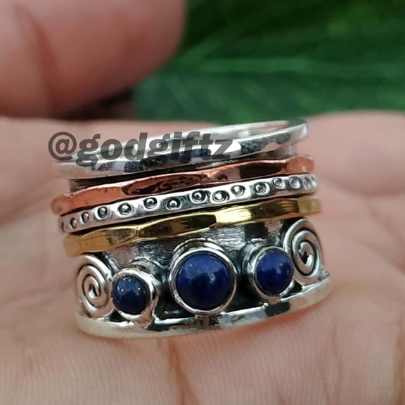 Lapis Lazuli Sterling Silver Spinner Ring: Three Tone Meditation Band
