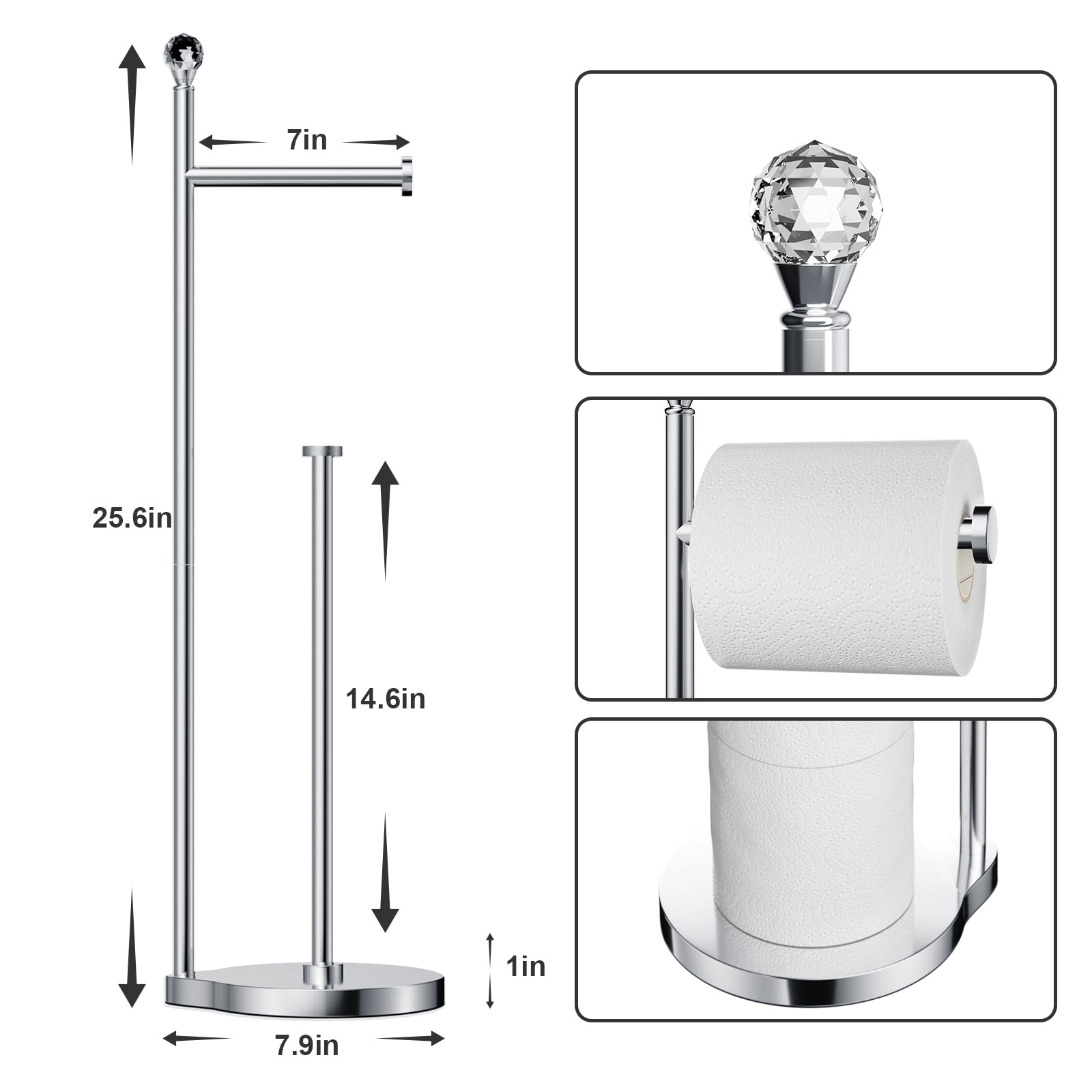KASUNTO Toilet Paper Holder for Bathroom, Heavy Weighted Metal Free Standing Toilet Paper Storage with Crystal Ball, Toilet Paper Stand for Bathroom Accessories, Polished Chrome [Holds MEGA Rolls]