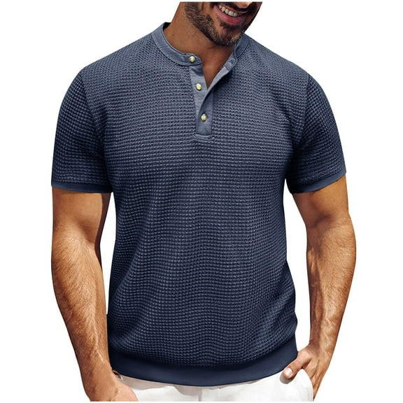 AHTJRT Men's Short Sleeve Henley Cotton T-Shirt Casual Button Summer Tees Tops Blue 2XL
