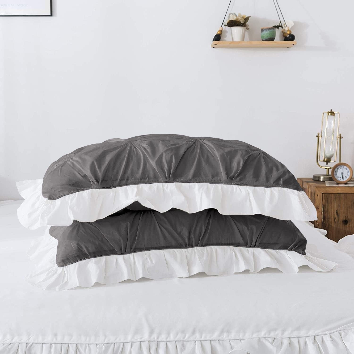 3 Piece Pinch Ruffle Duvet Cover Set, Extra Soft, Luxury,100% Egyptian Cotton, Zipper Closure and Quilts Cover Set, Cool and Breatheable Bedding Sets Dark Gray and White Solid,Full Size.