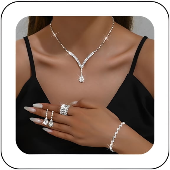 DESIGNICE Bridal Wedding Jewelry Set Silver Rhinestone Necklace Earrings Sets Formal Jewelry for Women and Brides