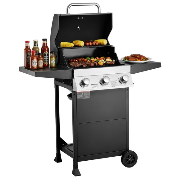 VEVOR Gas Grill, 3 Burner Propane Gas Grill with Spacious 338 SQ.In Grilling Area, Carbon Steel Enamel Grates, Outdoor 36,000 BTU Patio Garden BBQ Grills with Foldable Side Shelves, Carbon Steel