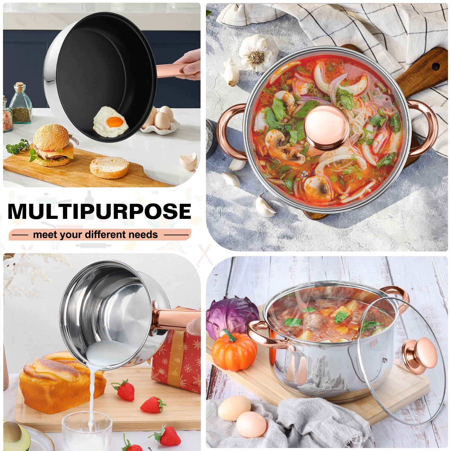 Walchoice 13-Piece Stainless Steel Pots and Pans Set, Kitchen Cookware Set with Glass Lid for Cooking, Induction & Dishwasher Safe, Copper