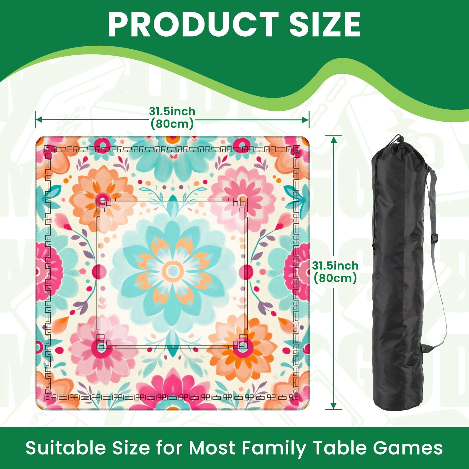 Mahjong Mat 31.5" x 31.5" Colorful Floral Retro Folk Art Design Non-Slip Noise Reduction American Mahjong Tiles Table Cover for Dominoes Poker Card Board Games Gift
