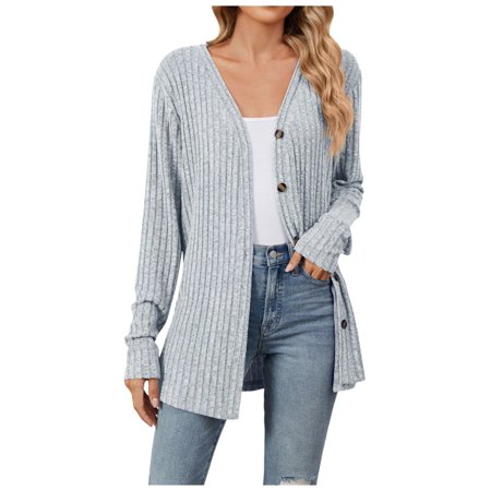 GPOECD Women s 2025 Fall Winter Solid Color Long Sleeve Button Cardigan Casual Lightweight Knit Sweater Open Front Cover Up Top Z7223-Light Gray L