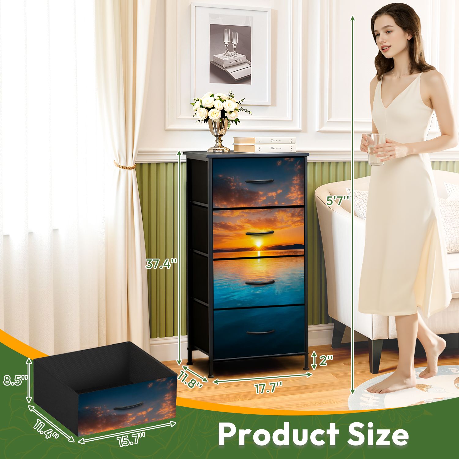 4 Drawer Vertical Storage Dresser Sunset water with Wood Top Fabric Pull Drawers